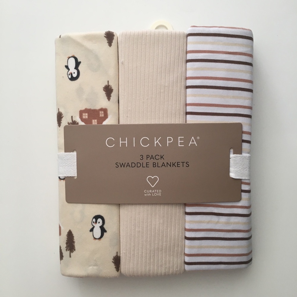 NEW 3 Baby Blankets Solid Stripes Penguins and Trees Print Baby Gift | Chick Pea